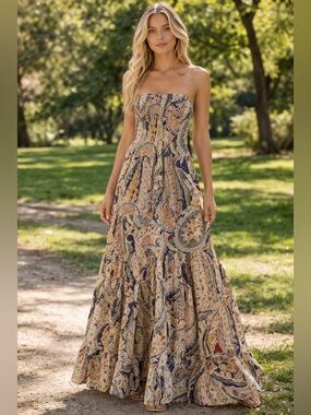 American Eagle Outfitters Multicolor Paisley Tiered Strapless Maxi Dress Boho XS